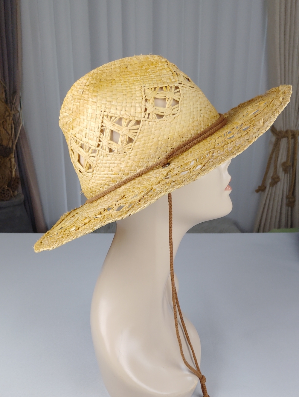 Vamuss Straw Wide Brim Sun Hat with Chin Strap - Natural